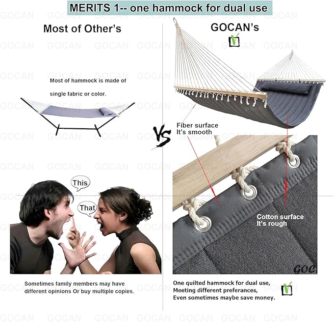 GOCAN Double Hammock with Quilted Fabric and Spreader Bars,Longer and Sturdier,Quality Hammocks for Outdoor Indoor Patio Yard