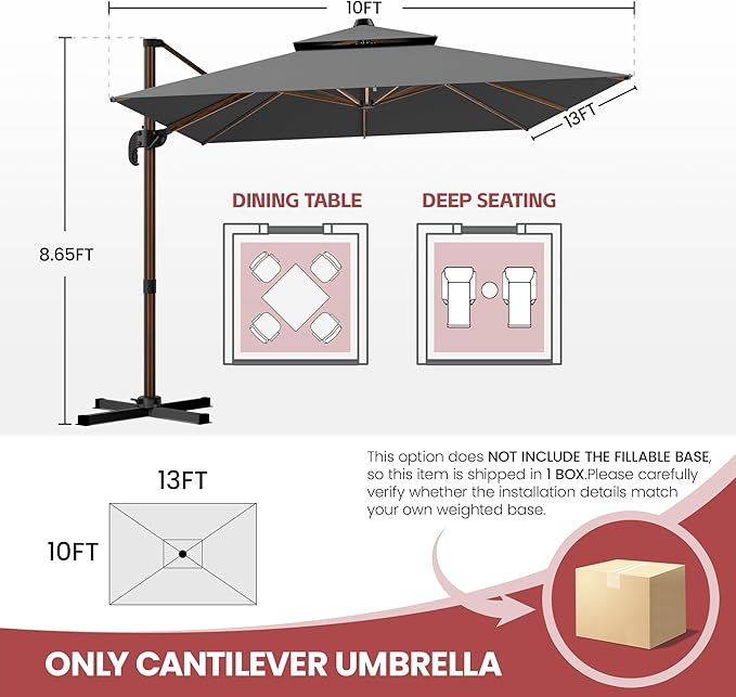 GENTEACO 10x13FT Wood Pattern Cantilever Patio Umbrella, Double Top Rectangle Offset Umbrella 7 Angle Tilts & 360° Rotation, Large Heavy Duty Outdoor Sun Umbrella for Pool Market, Grey