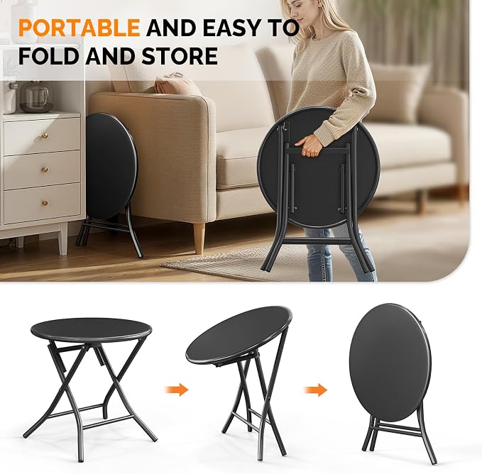 VINGLI Patio Metal Folding Side Table, Portable Small Outdoor Folding Round Table, Perfect for Indoor and Outdoor Spaces Like Balconies, Backyards, Porches, and Patios.Black（1 Pack）