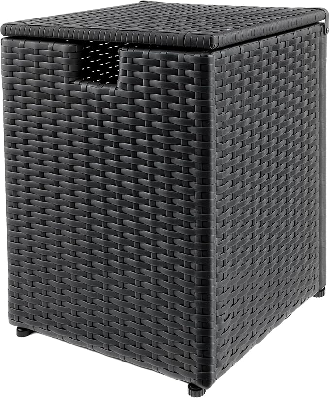 20 LB Wicker Propane Tank Cover Table, Weatherproof Outdoor Propane Tank Hide with Adjustable Feet,Perfect for Backyard, Balcony and Poolside（Black）