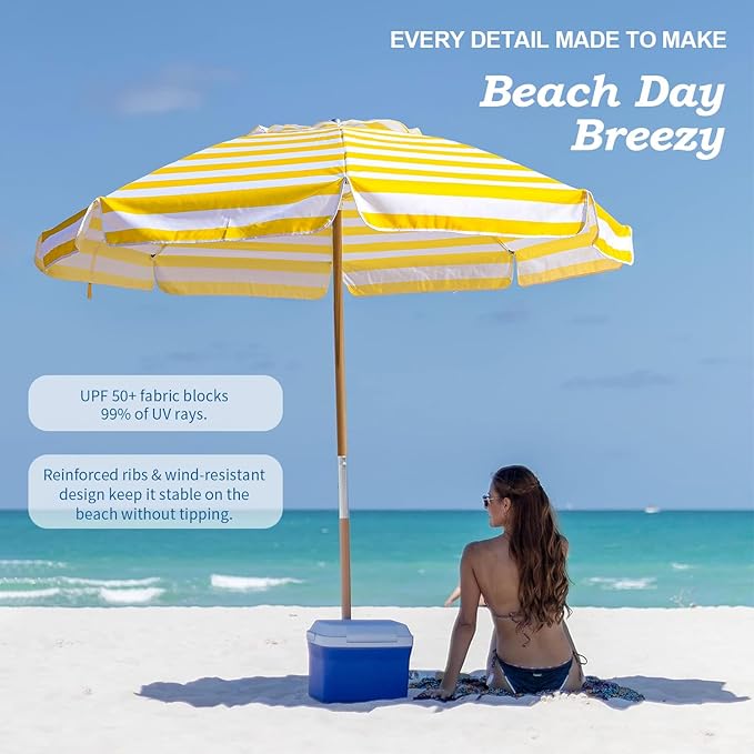 AMMSUN 7.5ft Heavy Duty HIGH Wind Beach Umbrella Commercial Grade Patio Beach Umbrella with Air Vent Ash Wood Pole & Carry Bag UPF 50+ Protection Yellow and white stripe