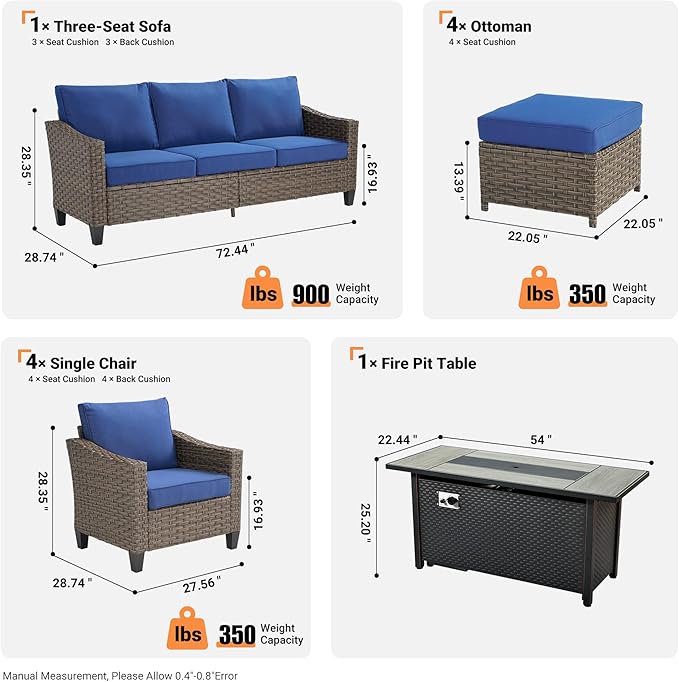 10 PCS Outdoor Patio Furniture 54in Set with Fire Pit Table, All-Weather Rattan Wicker Conversation Group with Deep Seating, High Back Comfort for Porch, Backyard, Blue