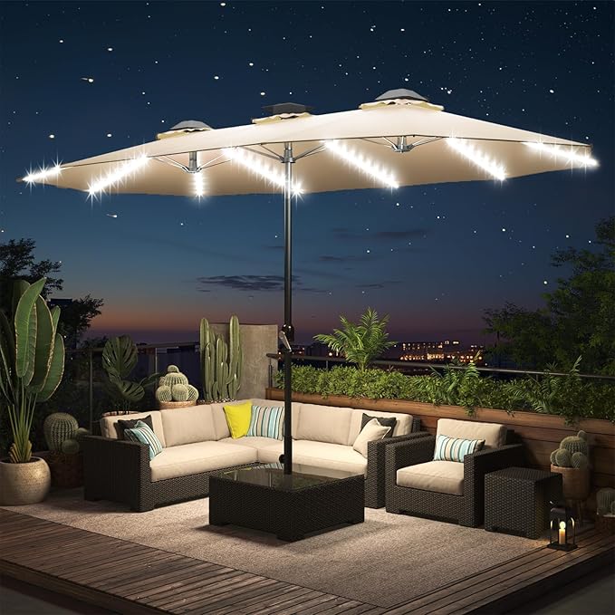 AECOJOY 15ft Patio Umbrella with Solar Lights, Large Patio Umbrella with Crank Handle and 156 PCS LED Lights, Double Umbrella Outdoor Patio Rectangular Market Umbrella for Backyard Deck Pool in Tan(1.9" Pole)