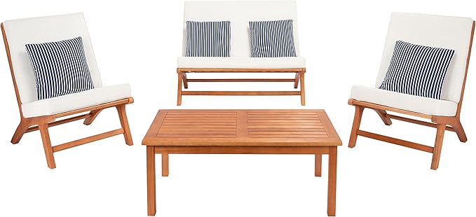 Safavieh Outdoor Chaston Natural and Beige 4-Piece Set with Navy Striped Pillows