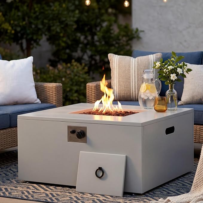 ECOTOUGE 8-Piece Half-Moon Curved Patio Furniture Set with Fire Pit Table, Wicker Rattan Sectional Sofa with Thick Cushions, Outdoor Conversation Set for Backyard Garden No Tank Cover(Blue, Grey)