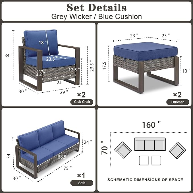 Belord 5 Piece Outdoor Wicker Patio Conversation Furniture Set Deep Seating, Metal Wide Armrests Patio Sofa Set with Rattan Chairs Ottomans for Porch Deck Sunroom Backyard