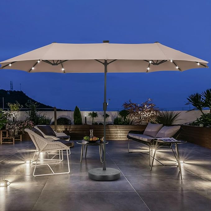 13 ft Patio Umbrella with 36 LED Lights, Large Rectangle Outdoor Solar Umbrella with Matching Base, Strap, Crank, Khaki