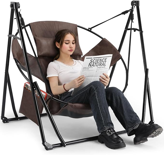 Arlopu 3 in 1 Portable Hammock with Steel Stand,Foldable PU Leather Swing Chair,6-Level Standing Hammocks Included Carrying Bag,Side Pocket,Pillow,for Outside,Indoor,Yard,Garden,Patio,Camping(Brown)