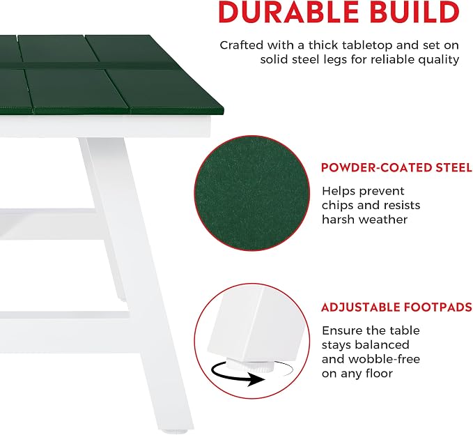 Costaelm Outdoor Dining Tables for Patio, 72" Rectangle 6-Person HDPE Dining Table with Umbrella Hole and Metal Frame for Outside, Garden, Poolside, Backyard, Porch, Balcony, Dark Green