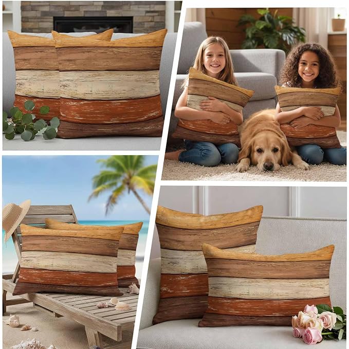Farmhouse Burnt Orange Brown Outdoor Waterproof Pillow Covers, Vintage Wooden Striped Decorative Square Throw Pillowcase Sofa Cushion Sham for Patio/Couch/Chair, 26"x26" 2 Pack