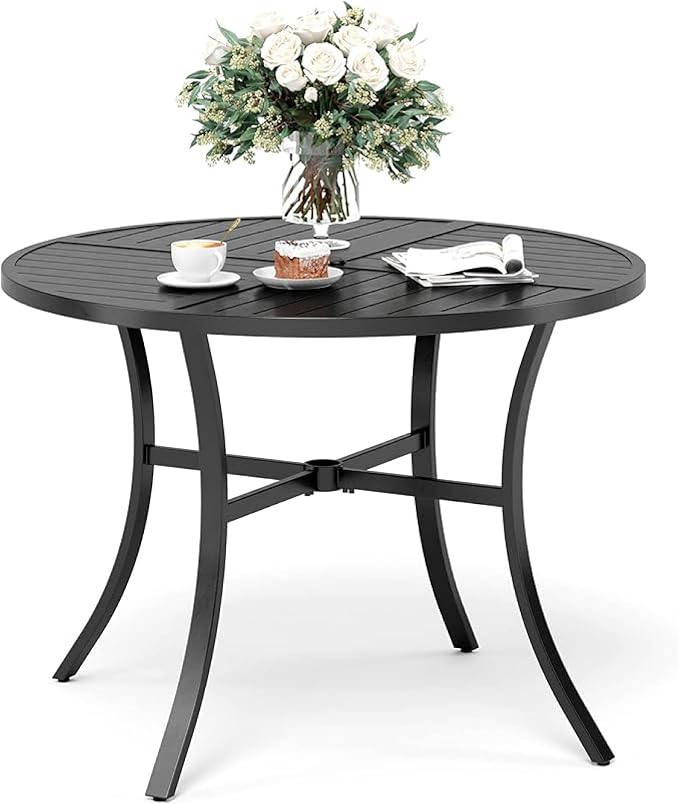 SUNSHINE VALLEY 42" Round Patio Table for 4, Patio Dining Table with Umbrella Hole,E-Coating and Powder Coating Steel Frame Metal Outdoor Patio Table for Garden Backyard Lawn Yard