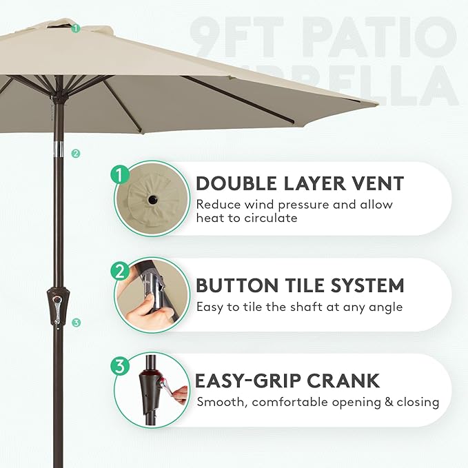 JEAREY 9FT Outdoor Patio Umbrella Outdoor Table Umbrella with Push Button Tilt and Crank, Market Umbrella 8 Sturdy Ribs UV Protection Waterproof for Garden, Deck, Backyard, Pool (Tan)