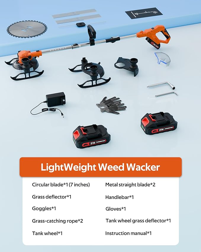 21V Electric Weed Wacker, 3 in 1 Lightweight Cordless Weed Eater, Grass Weed Trimmer/Edger/Lawn Mower/Brush Cutter with 2 x 2.0Ah Batteries and 3 Types Blade for Garden and Yard