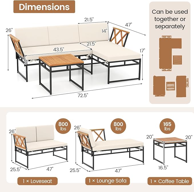 Tangkula 3 Pieces L-Shaped Outdoor Furniture Set, Acacia Wood Patio Sectional Cushioned Conversation Sofa with Square Coffee Table, for Porch, Backyard & Poolside (Beige)