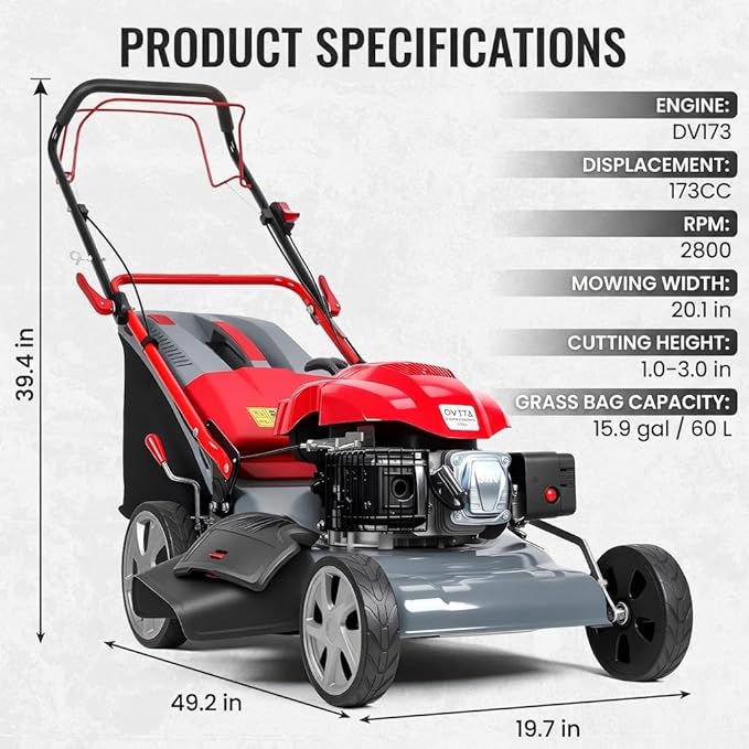 173cc Gas Lawn Mower, Self-Propelled Rear Wheel Drive, Adjustable 3-Speed Settings, 20" Cutting Width, 60L Grass Catcher, Ideal for Large Lawns, Easy Start & Efficient Grass Collect Red