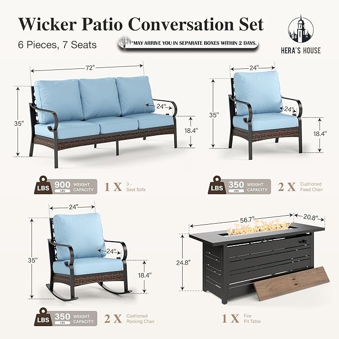 HERA'S HOUSE 6 Piece Metal Patio Furniture Set with 56" Fire Pit Table, All Weather Outdoor Conversation Set, 3 Seat Sofa, 2 Rocking Chairs, 2 Fixed Chairs, Seats 7 for Backyard, Garden, Deck, Blue