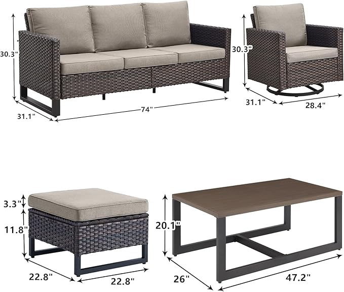 Rilyson Wicker Outdoor Patio Furniture Set - 8 Piece Patio Conversation Set with 4 Swivel Rocker Chairs,2 Rattan Ottoman,1 Couch and 1 Metal Coffee Table for Outside Porch Deck Backyard(Brown/Grey)