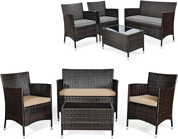 4 Pieces Patio Sofa Set, Wicker Conversation Set with Ergonomic Curved Backrest, Patio Rattan Furniture Set with Soft Cushion, Gray Cover & Tempered Glass Table for Balcony, Porch (Brown)