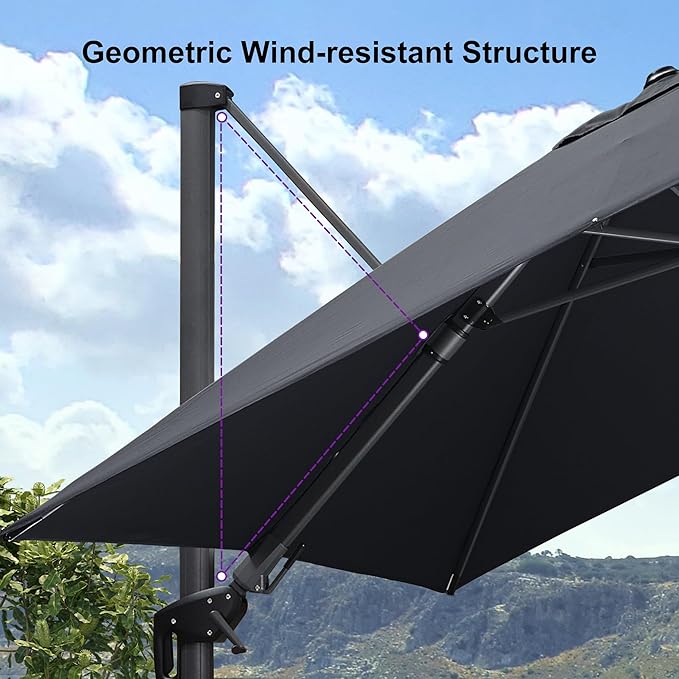 PURPLE LEAF 8.8' X 8.8' Left-right Tilt Patio Umbrella Outdoor Cantilever Swivel Square Umbrella with Tilt and Crank Aluminum Offset Umbrella with 360-degree Rotation for Garden Deck Pool Patio Grey