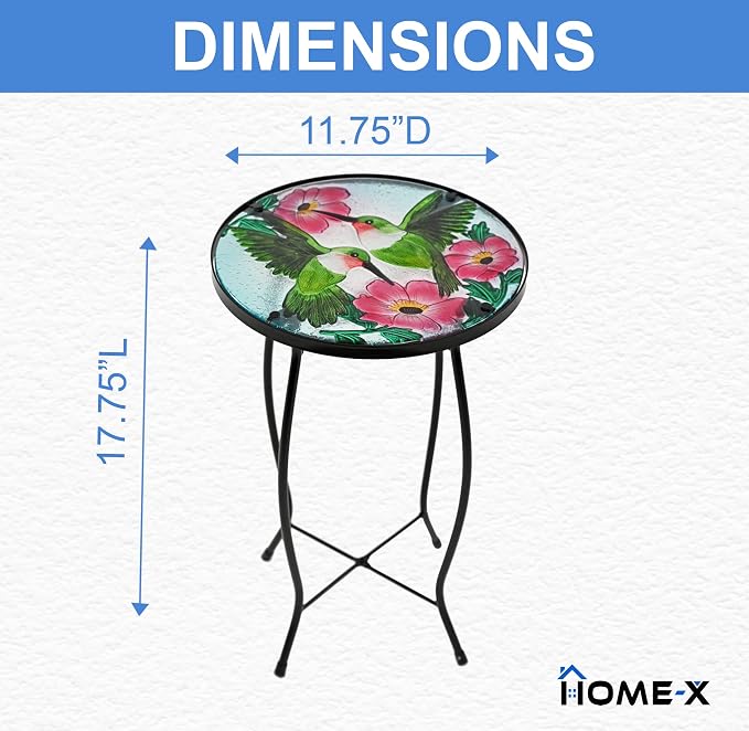 Home-X Hummingbird Glass Side Table with Iron Stand, Hand-Painted Accent Table and Patio Decor, Metal and Glass Table for Garden or Front Porch, 17 ¾ " L x 11 ¾ " D