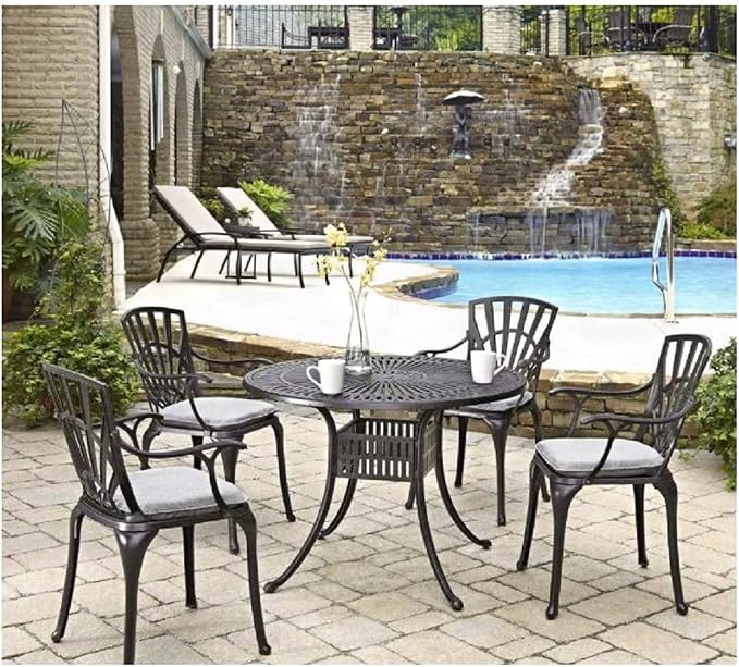 Homestyles 5 Piece cast Aluminum Frame Outdoor Patio Dining Set for 4, 42" Round Dining Table with Umbrella Hole and 4 Outdoor Dining Chairs, Patio Table and Chair Furniture Dining Set for 4 Person