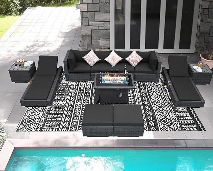NICESOUL 11 Piece Sectional Outdoor Set with Chaise Lounge, Modern Large Backyard Seating with Firepit, 29.3'' High-Back Deep Patio Couch Sofa, Heavy Duty All-Weather Wicker Furniture for Deck, Grey