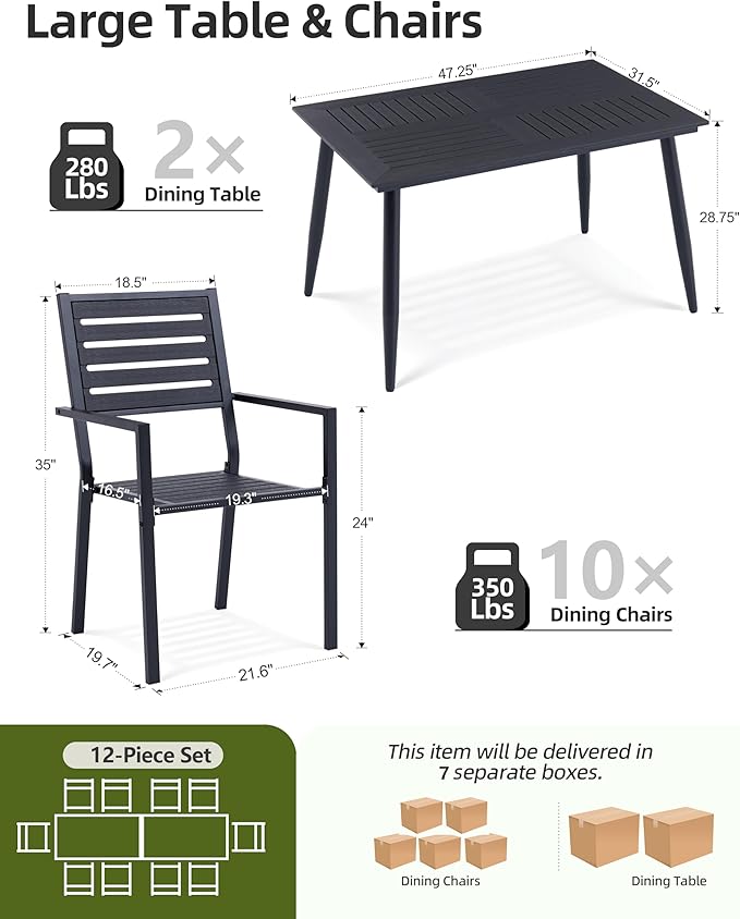 12-Piece Outdoor Dining Set - Two 47.25" HDPE Patio Tables and 10 Stackable Armrest Chairs - All-Weather Rust-Proof Steel Frame for Garden, Deck(Black)