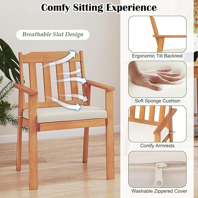 Tangkula 6 Pieces Patio Dining Table Set, 63” Rectangle Acacia Wood Table with Umbrella Hole and 4 Cushioned Armchairs and Backless Bench, Outdoor Dinette Furniture for Garden Yard Kitchen