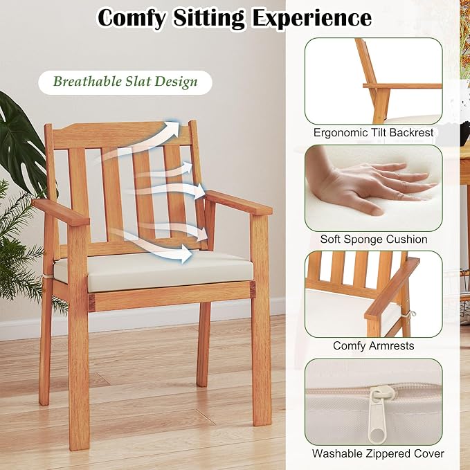 Tangkula 7 Pieces Patio Dining Table Set, 63” Rectangle Acacia Wood Table with Umbrella Hole and 6 Cushioned Armchairs, Outdoor Dinette Furniture for Garden Backyard Kitchen