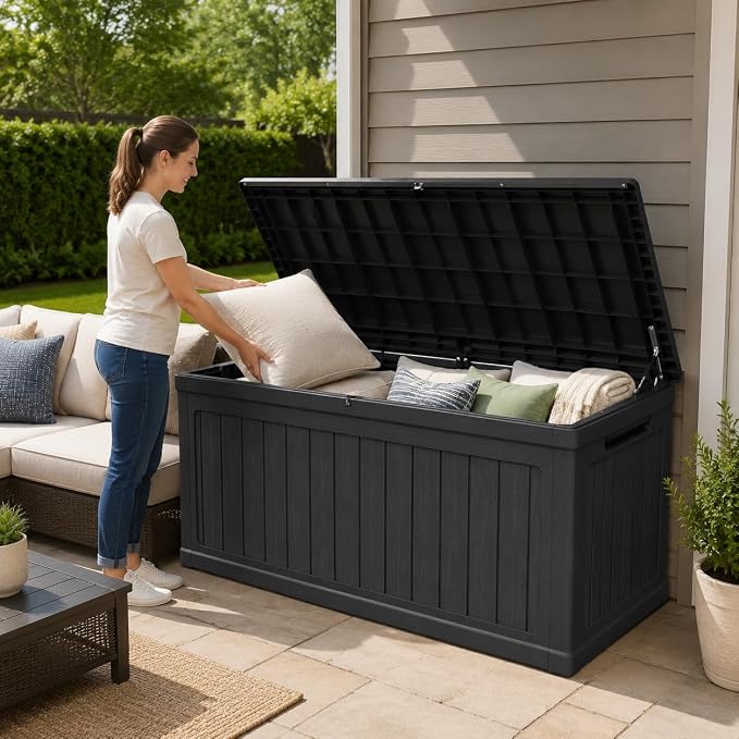 180 Gallon Large Outdoor Storage XXL Deck Box for Patio Furniture, Outdoor Cushions, Garden Tools and Sports/Pools Equipment, Waterproof Resin, Lockable, Black (Black + Plastic-1)