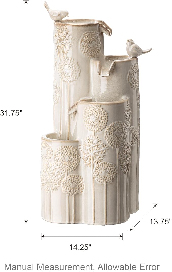 Glitzhome Water Fountain Outdoor with LED Lights, 4-Tier Vase Shaped Ceramic Outdoor Fountain, Dandelion Glaze Water Fountains Feature for Garden Backyard Patio, Sand Beige, 31.7”H
