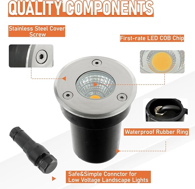 4 Pack Low Voltage Landscape Lights Well Lights 12-24V IP67 Waterproof In Ground Light and Outdoor Landscape Lighting for Garden Yard Driveway Deck Step Up Light with Connectors(Warm White)