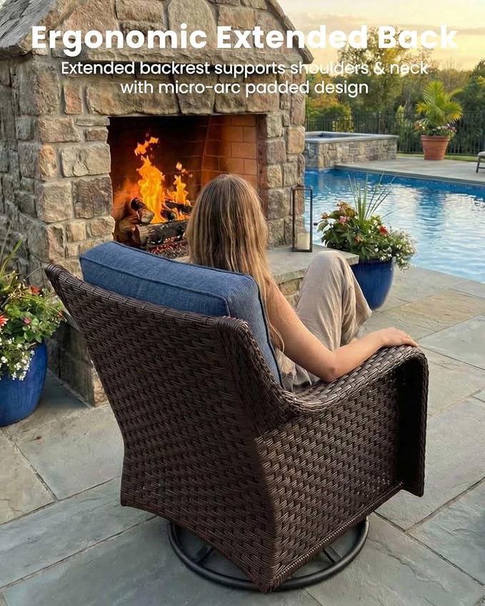6 Pieces Outdoor Furniture Set with 6-inch Cushions, High Back Wicker Swivel Rocker Chairs with Coffee Table, Luxury Conversation Set for Deck Patio and Poolside