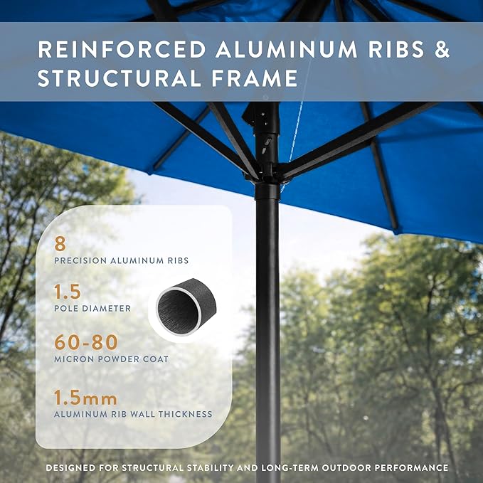 California Umbrella 8-Year Protection 9 Ft Outdoor Patio Umbrella, Solstice Fade-Resistant Fabric, Auto-Tilt, Heavy Duty Aluminum Frame, 8 Reinforced Ribs for Pool or Deck, Black Pole, Royal Blue