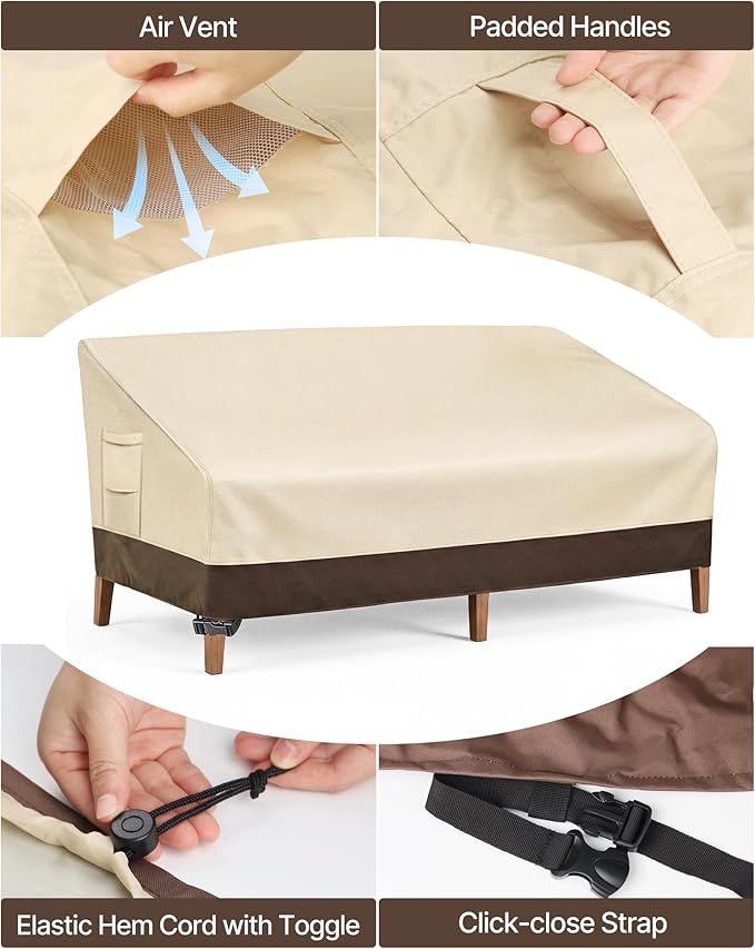 Vailge Heavy Duty Patio Sofa Cover, 100% Waterproof 3-Seater Outdoor Sofa Cover,Lawn Patio Furniture Covers with Air Vent and Handle,93" Wx 40" Dx 35" H,Beige&Brown