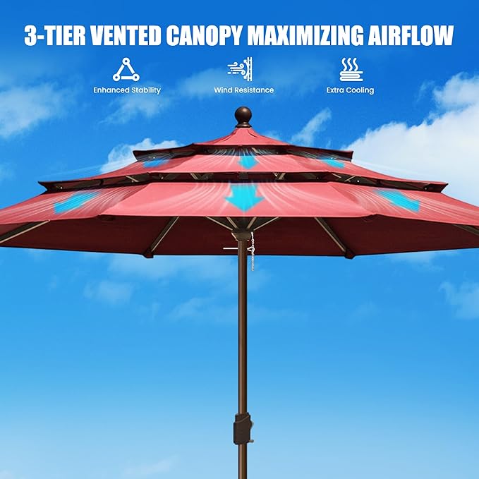 EliteShade USA 10-Year-Non-Fading 11ft 3-Tier Market Patio Umbrella, Commercial Grade Outdoor Table Umbrella with Crank Open, Windproof & UPF 50+ UV Protection, Heavy Duty Ventilation for Garden, Deck, Pool, Backyard, Beach & Bistro, No Tilt, Burgundy