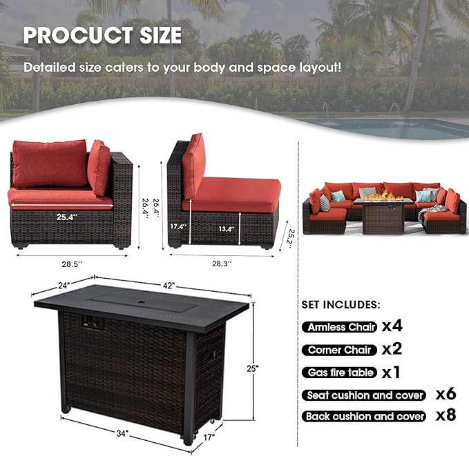 Grezone 7 Piece Patio Furniture Set with 44" Fire Pit Table, Outdoor Sectional Couch, PE Rattan Patio Conversation Sets with 4inch Cushions for Backyard Red