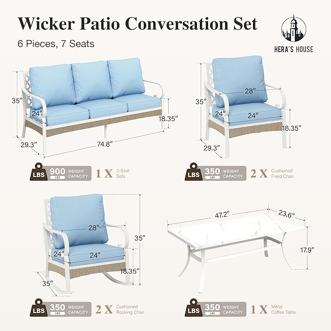 HERA'S HOUSE 6 Piece Metal Patio Furniture Set, All Weather Outdoor Conversation Set with 3-Seat Sofa, 2 Rocking Chairs, 2 Fixed Chairs & Coffee Table, 7 Seats for Backyard, Garden, Deck, White/Blue