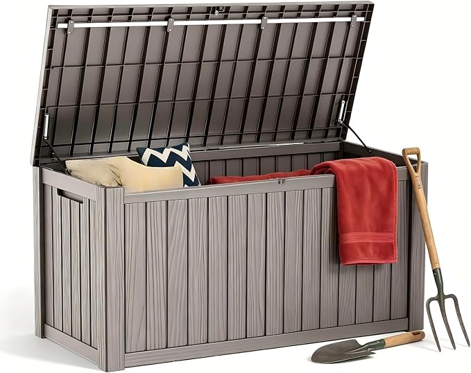 180 Gallon Outdoor Storage Box Waterproof, Large Resin Deck Box with Lockable Lid & Soft-Close Hydraulic Struts, Outside Storage Box for Patio Furniture, Garden Tools, Pool Accessories, Grey