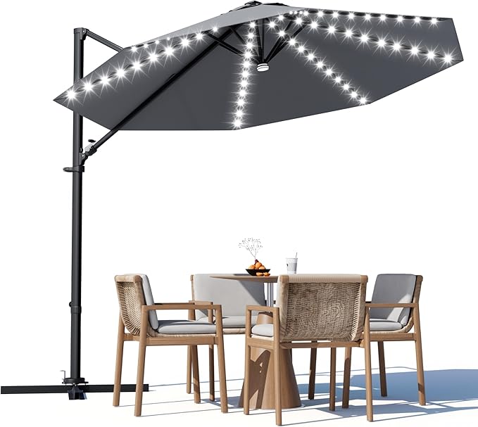 Greesum 10FT Outdoor Patio Umbrella with High Pedel and 4 Gear Heights, Large Offset Umbrella with Solar LED Lights and 360-degree Rotation, Without Base, Hanging Outdoor Shade for Garden, Gray