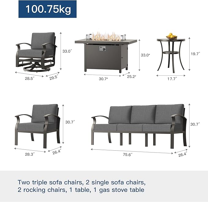 Kullavik Aluminum Patio Furniture Set,8 Pieces 10 Seat Metal Outdoor Furniture Conversation Set w/45 Propane Gas Fire Pit,Swivel Rocking Chairs Set,Grey