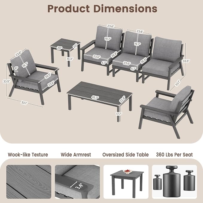 Ayge HDPE Patio Furniture Set, 6 Piece Sectional Outdoor Furniture Set, All Weather Outdoor Couch Set Patio Conversation Set for Deck, Lawn, Grey