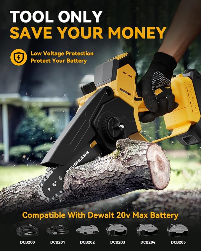 Mini Chainsaw Cordless for Dewalt Battery 20V MAX, 8-Inch and 6-Inch 2-IN-1 Chainsaw with Brushless Motor and Auto-Oiler, 1200W, for Tree Pruning Wood Cutting (Tool Only)