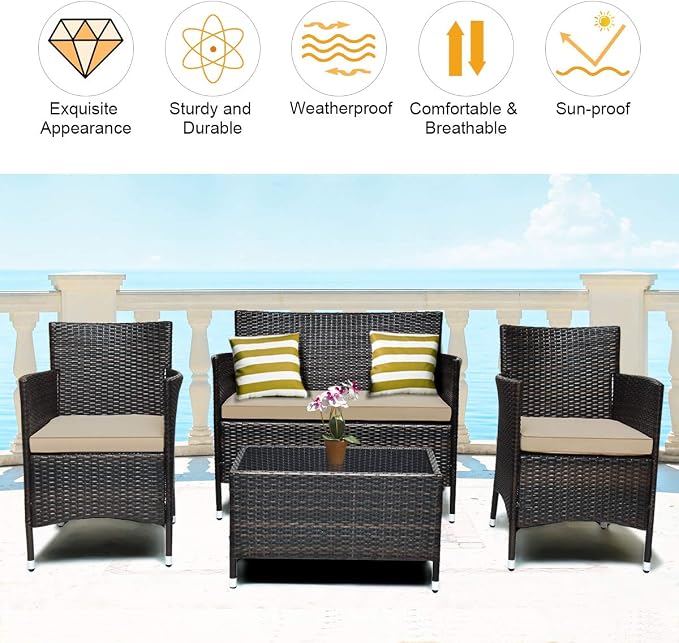 COSTWAY 4PCS Rattan Patio Furniture Set | Outdoor Wicker Rattan Chairs with Coffee Table, Rattan Cushioned Conversation Set for Backyard Balcony Porch Poolside, Brown