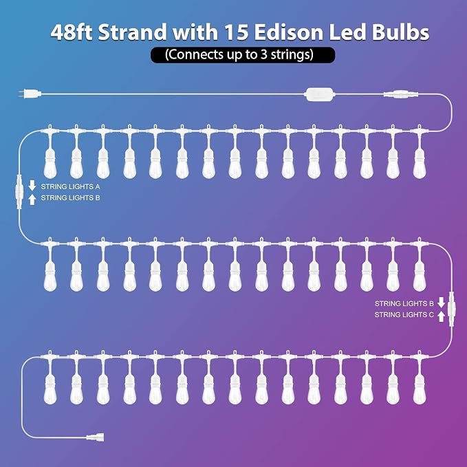 Multicolor 48FT LED Outdoor Patio String Lights with Remote, White | Plug in, 8 Lighting Modes, 15+2 S14 RGB Edison Bulbs, Dimmable, Shatterproof, Waterproof, Linkable, for Wedding Birthday Yard