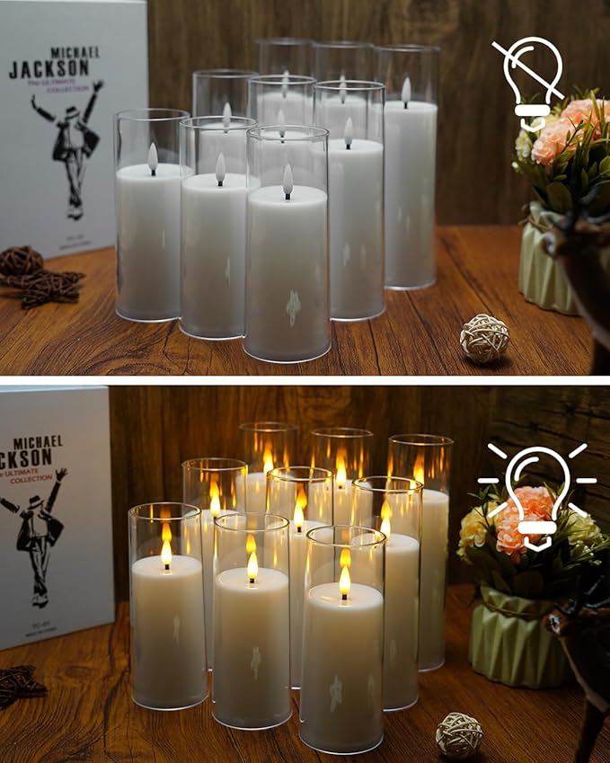 kakoya Flickering Flameless Candles Battery Operated with Remote and 2/4/6/8 H Timer Acrylic Led Pillar Candles Pack of 9 (appr D2.3"xH5.5"6.5"7.5")with Realistic 3D Wick Candles for Home Decor(White)
