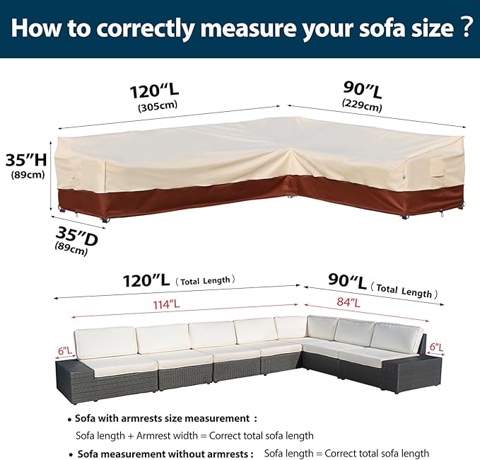 Outdoor Sectional Cover Patio Furniture Covers Waterproof Rip-Stop Anti-UV 600D Heavy Duty Couch Sofa Cover with 3 Air Vent (Beige & Reddish Brown, L-shaped 120"x90")