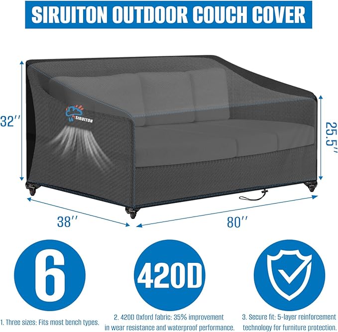 SIRUITON 4-Seat 80" W x 38" D x 32" H Garden Patio Sofa/Loveseat/Bench Cover,Heavy Duty 420D Oxford Waterproof Outdoor Sofa Cover, Lawn Patio Furniture Covers