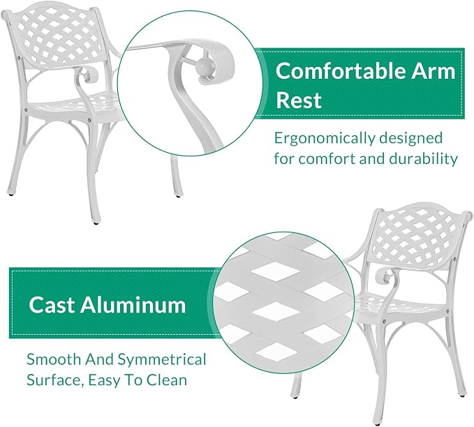 VIVIJASON 7-Piece Patio Furniture Dining Set, All-Weather Retro Cast Aluminum Outdoor Conversation Set, Include 6 Chairs and a Rectangle Table with Umbrella Hole for Balcony Lawn Garden, White