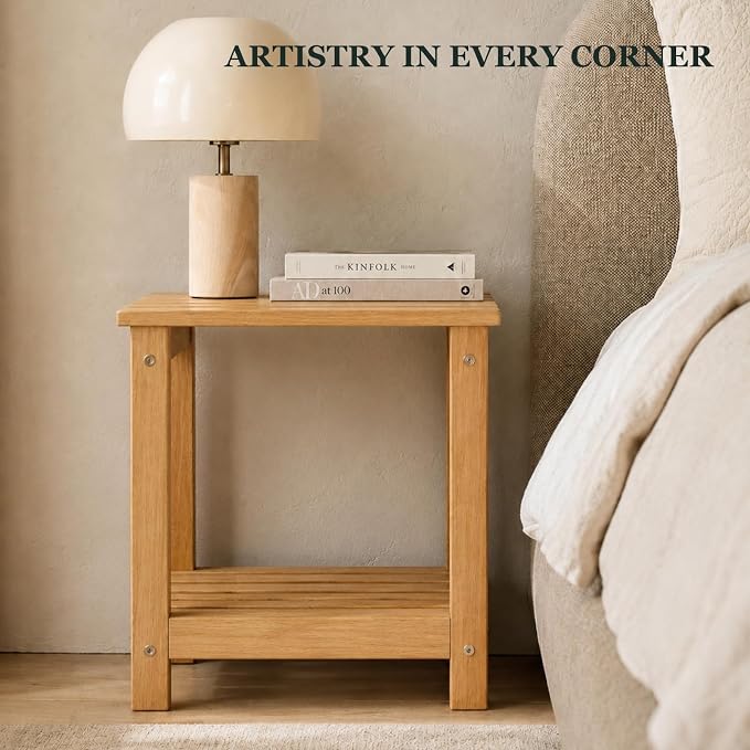 Premium 2-Tier Eucalyptus Wood Side Table with Slatted Storage Shelf, 13" x 16" x 17.5", Wooden Accent Table for Living Room, Entryway or Bedside (Golden)